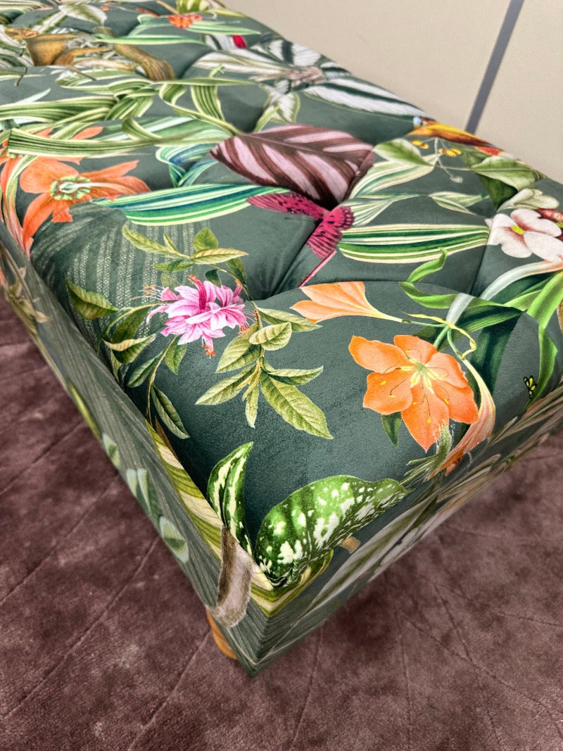 PREMIUM Green Floral Soft Vevet Footstool