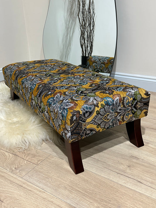 Footstool gold black mustard floral stitched pouffe footrest