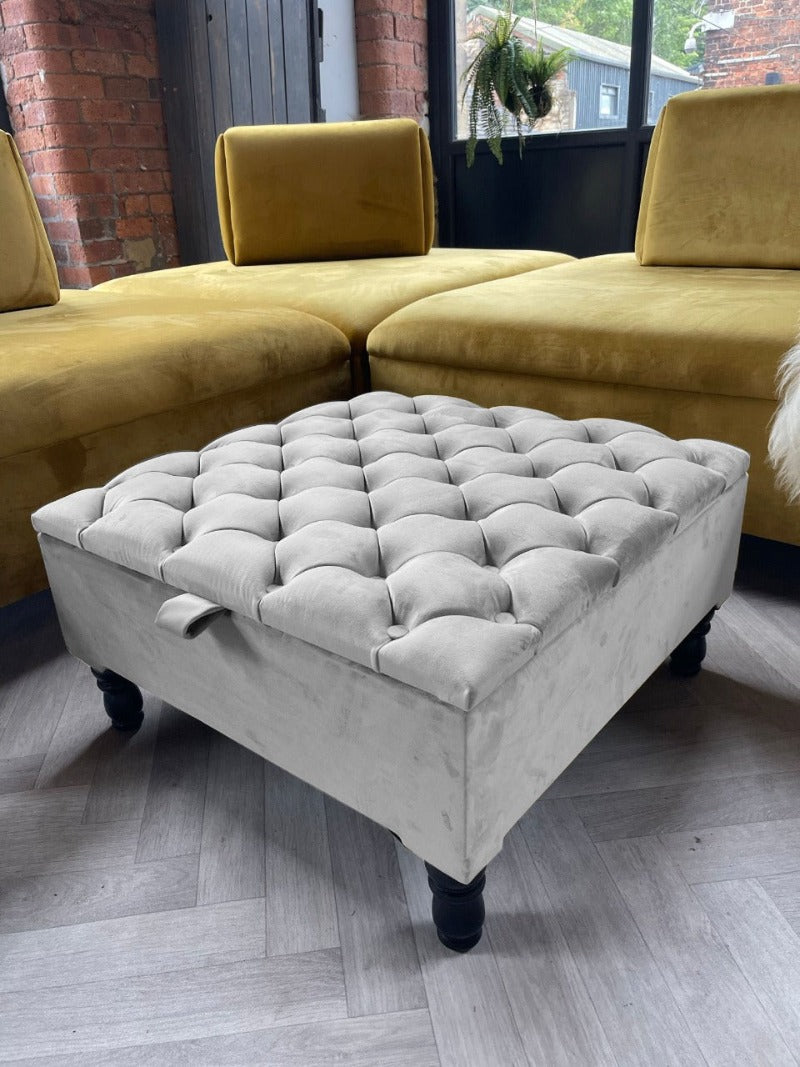 Premium light grey silver Velvet Square Ottoman storage