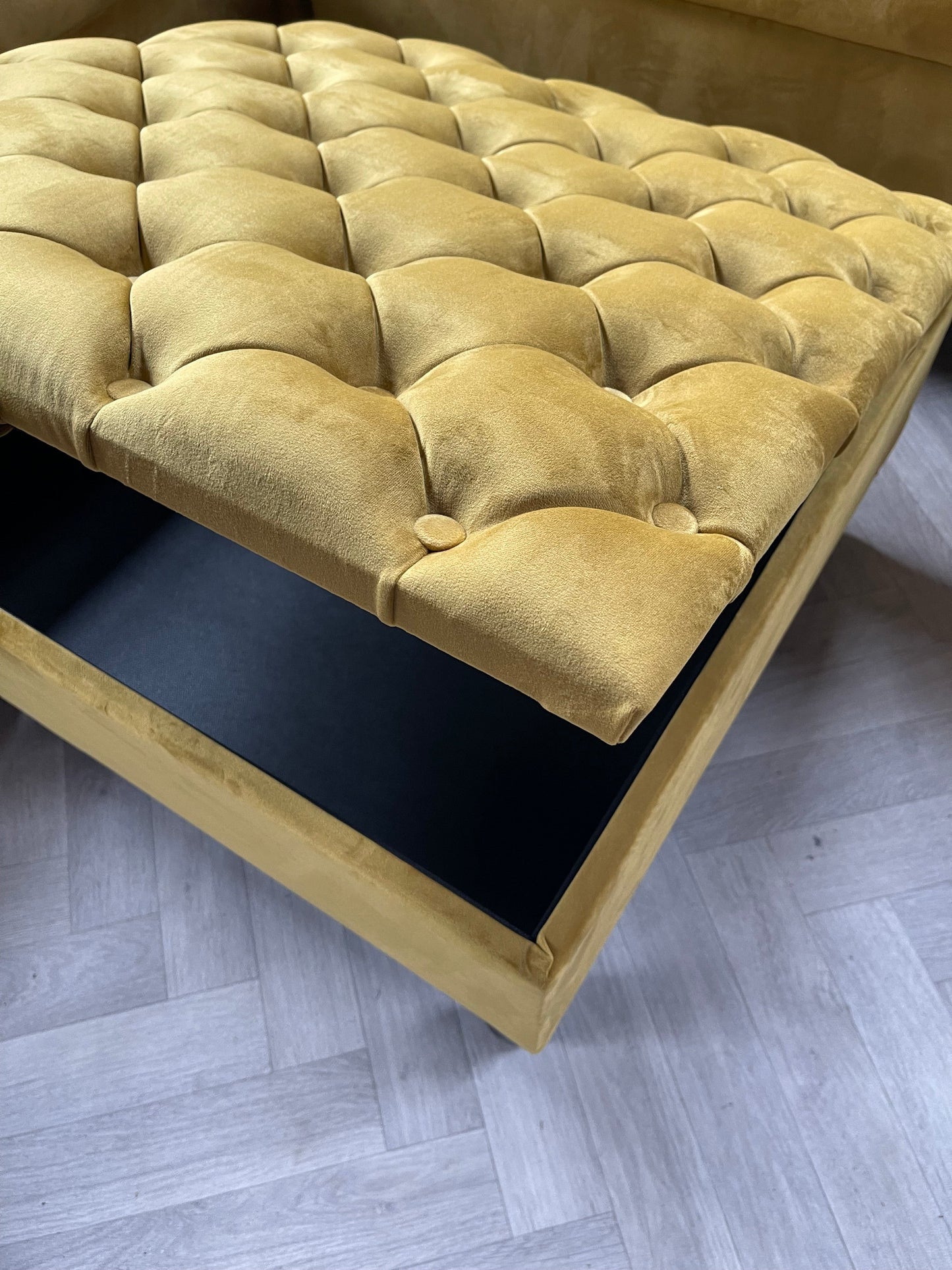 PREMIUM Large Mustard Gold coffee table Velvet Square Ottoman Storage | Chesterfield Footstool Pouffe UK | Mustard Gold Table