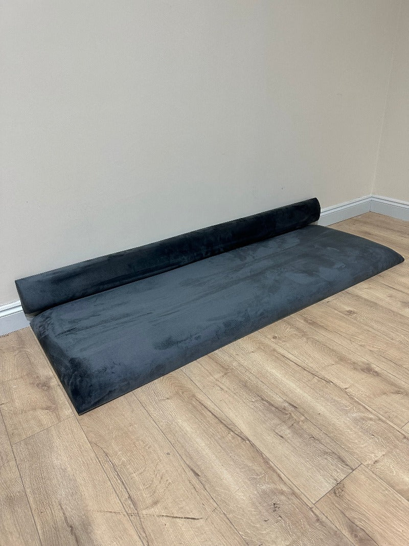 measure window bay seat with back. Grey velvet