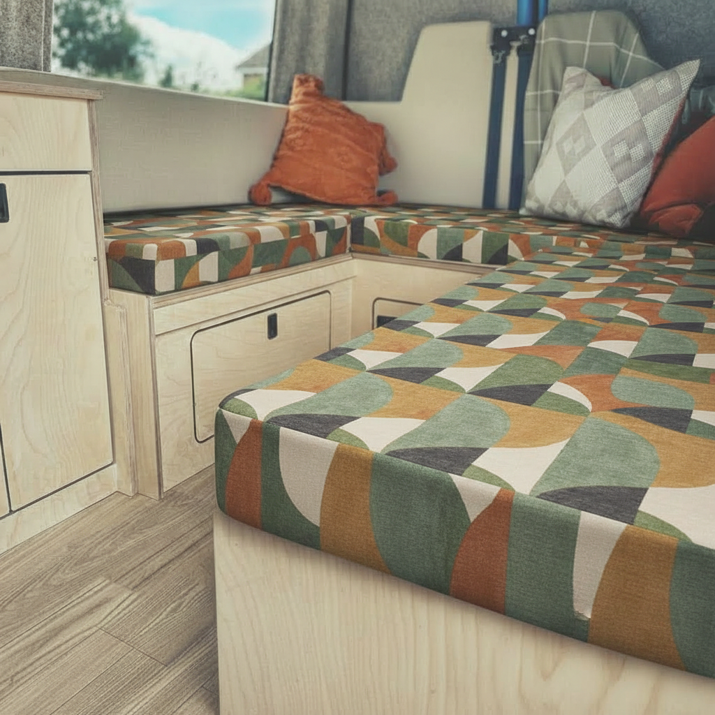 Abstract terracotta and sage green Campervan cushions interior-Scandi Retro Style Upholstery on dining bench seats-Earth tone geometric motorhome seating with orange and green-High density foam cushions for modern organic van conversion-Contemporary geometric fabric design for leisure vehicles