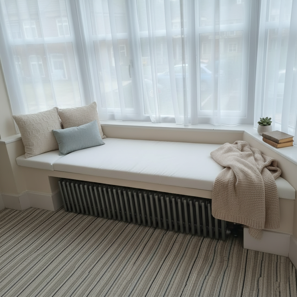 Bespoke upholstery with piping in White for indoor seating