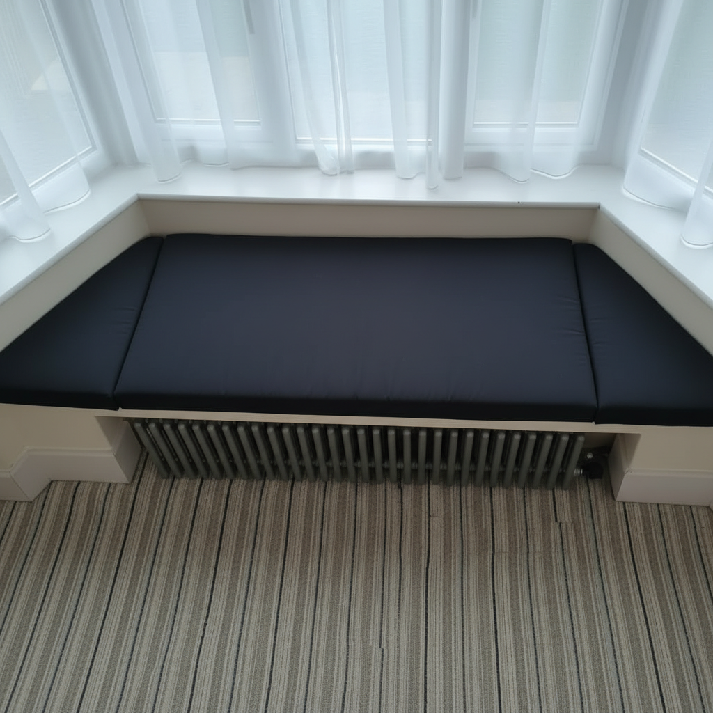 Black bespoke upholstery on trapezoid bench pads in modern interior