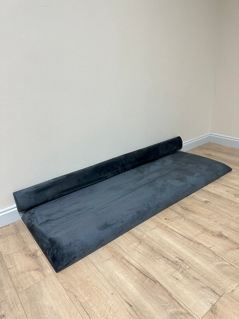 measure window bay seat with back. Grey velvet
