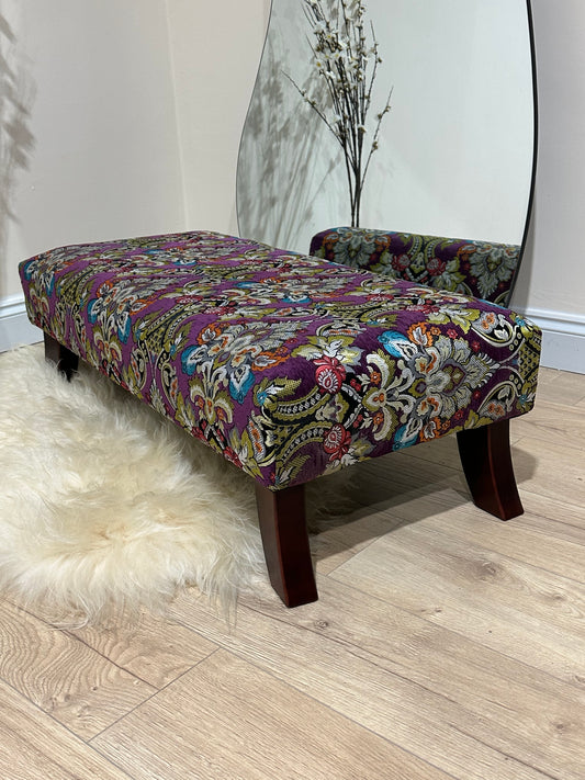 Footstool purple aubergine green floral stitched pouffe footrest