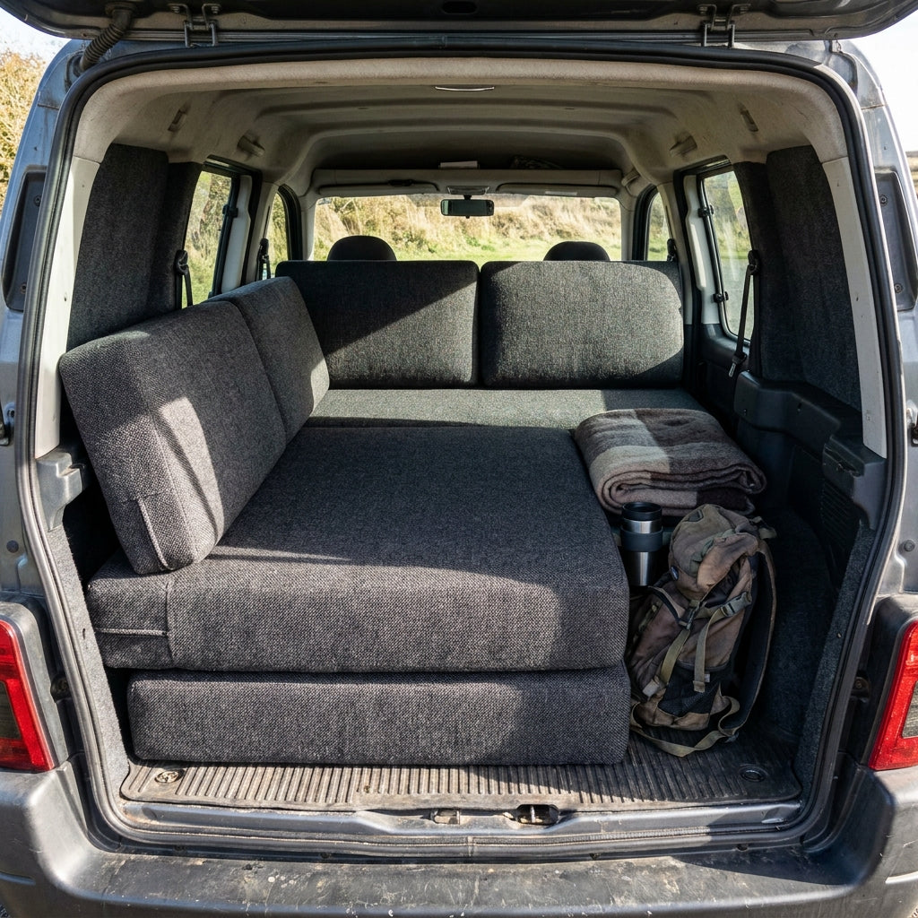 Citroen Berlingo campervan interior cushion set featuring precision cut HR50 foam designed for comfort focused van life sleeping system
