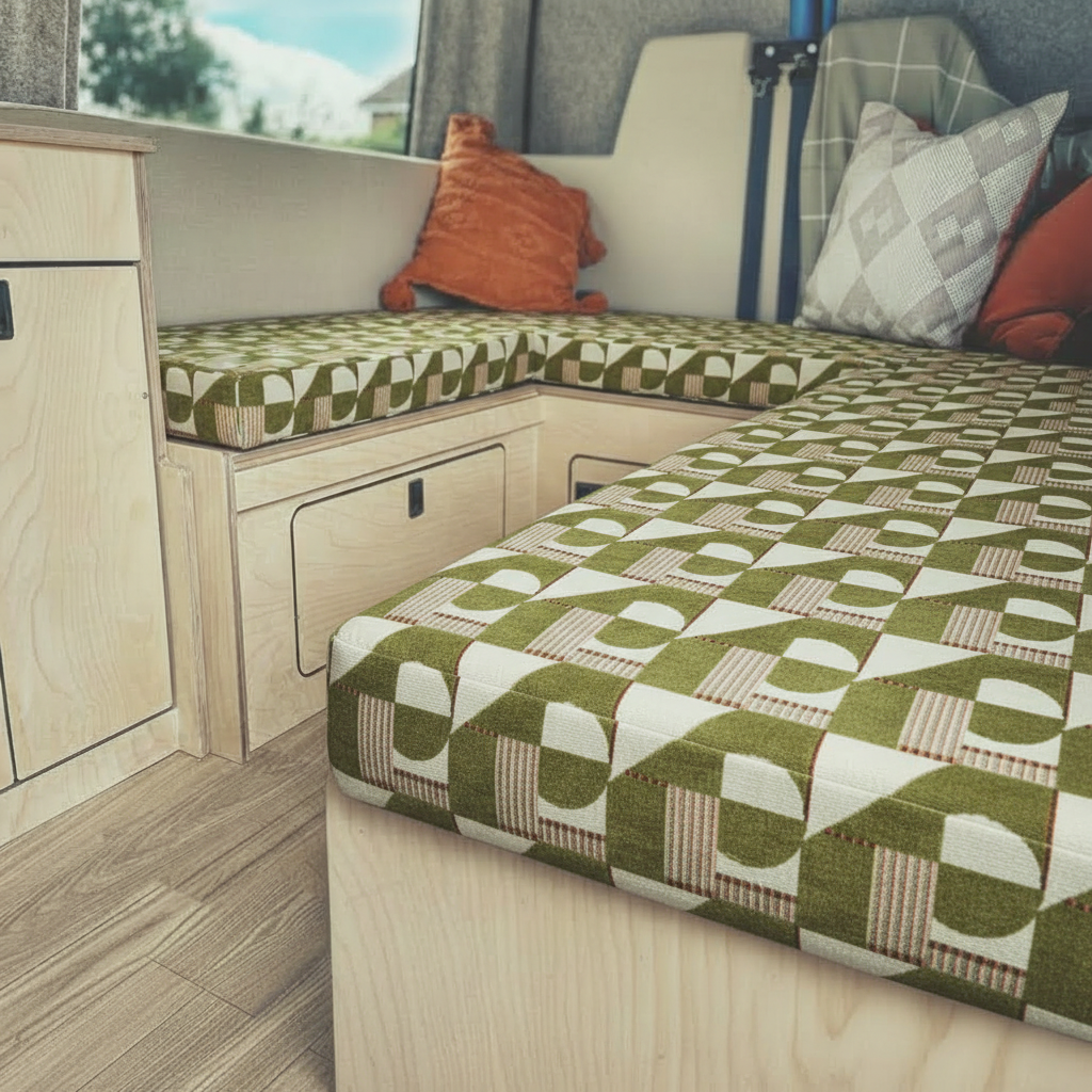 Olive Geometric pattern bespoke campervan cushion seating-Premium green motorhome cushions with abstract modern design-Custom made to measure campervan bed cushion UK-Handcrafted modern motorhome seating and replacement cushions-High quality caravan cushion seating with olive geometric print