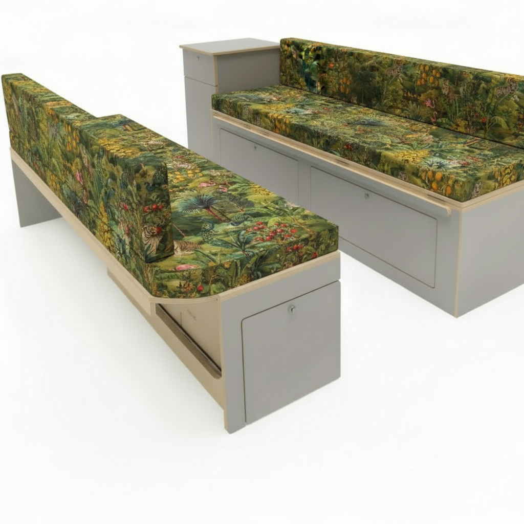 Exotic rainforest safari Campervan cushions with green foliage-Lush Green Wildlife Upholstery on dining area benches-Deep jungle print motorhome seating with palm trees-High density foam cushions for nature-inspired van conversion-Maximalist camper interior with green botanical fabric
