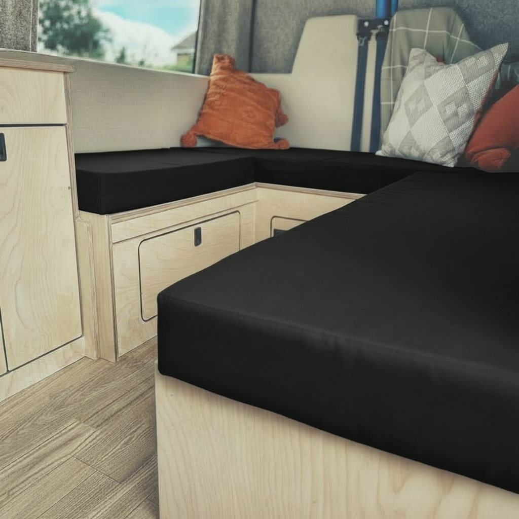Durable black upholstery for van life conversion