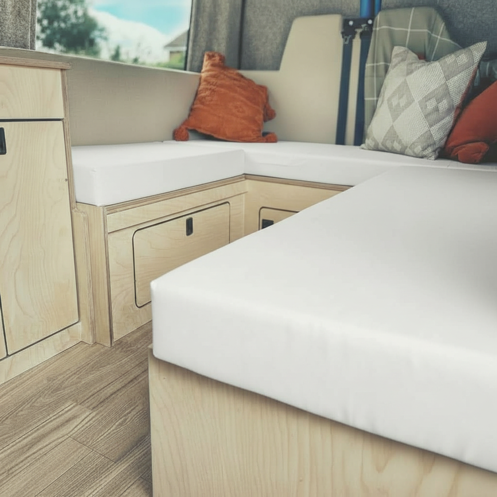 Durable white campervan conversion fabric detail