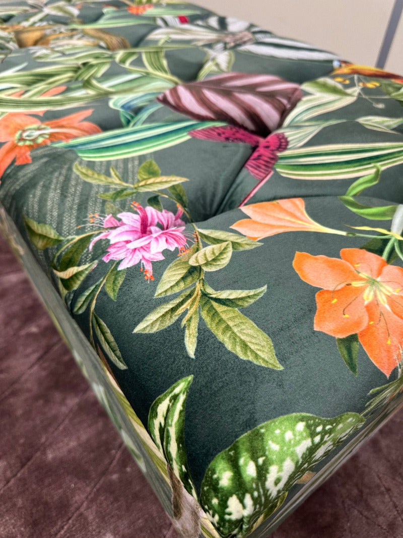 PREMIUM Green Floral Soft Vevet Footstool