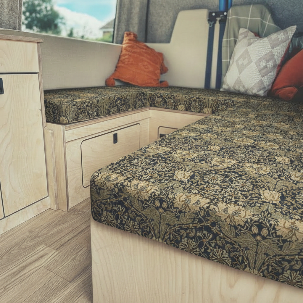Heritage dark botanical Campervan cushions in luxury interior-William Morris Style Arts & Crafts Upholstery on dining seats-Dark floral motorhome seating with gold leaf pattern-High density foam cushions for vintage caravan restoration-Moody interior design for campervan conversion