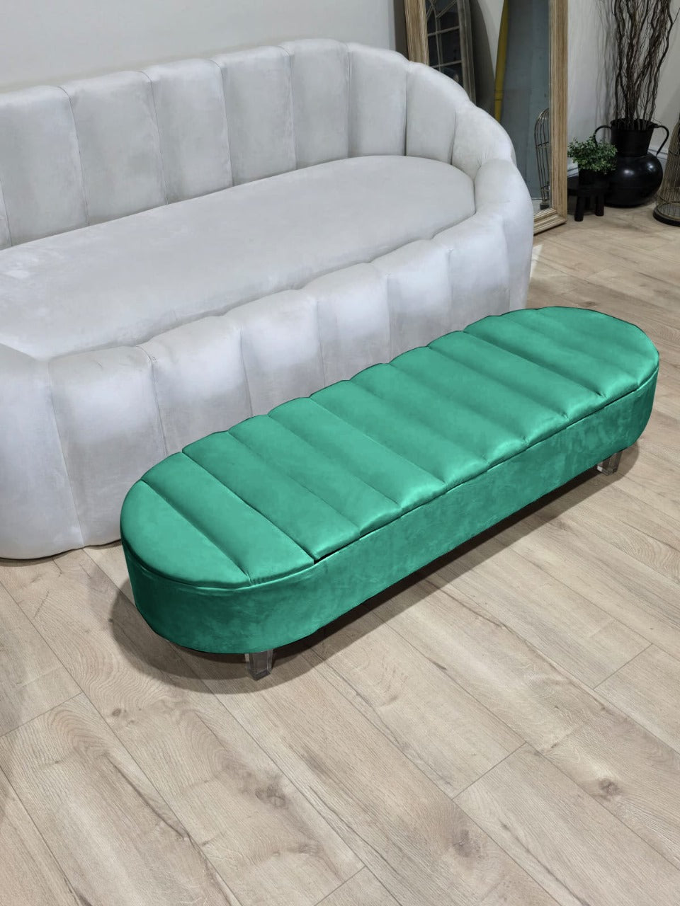 Olivia green Coffee Table Bench, line panel storage Footstool seat
