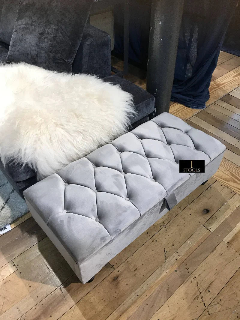 Silver Ottoman Coffee Table Storage Bench | Light Grey Chesterfield Footstool