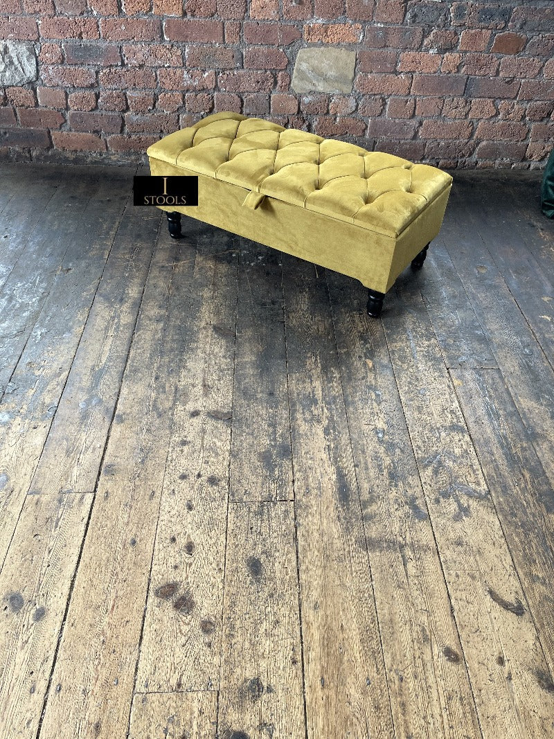 Mustard Gold Ottoman Storage Bench | Gold Velvet Chesterfield Footstool