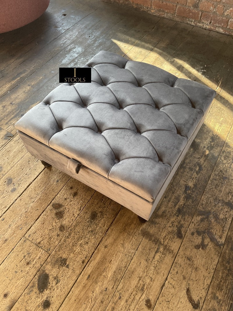 Silver Square Coffee Table Ottoman Storage | Grey Chesterfield Stool