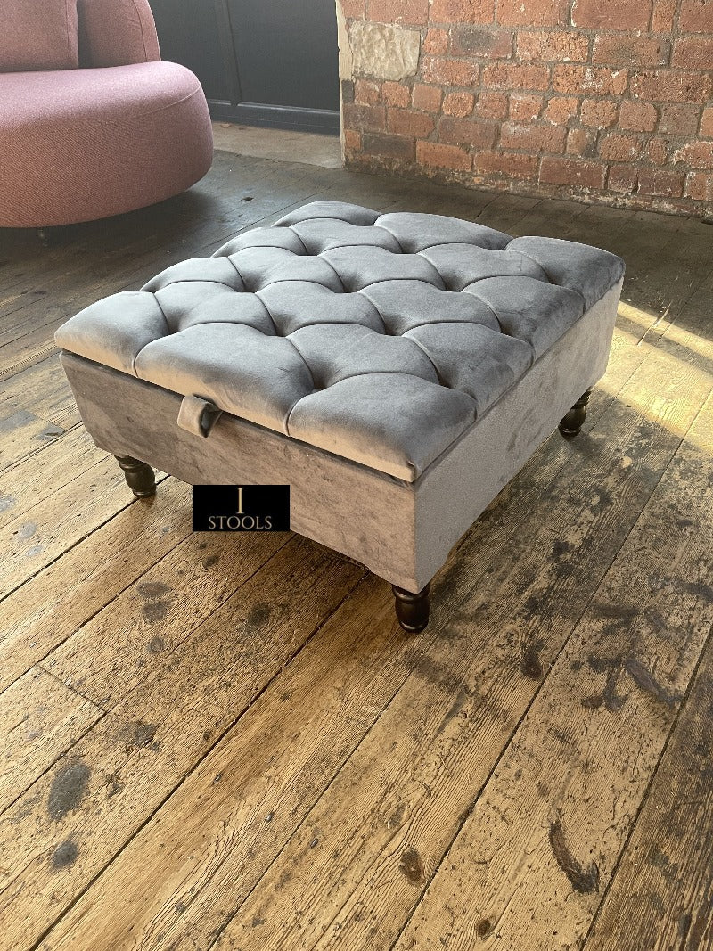Silver Square Coffee Table Ottoman Storage | Grey Chesterfield Stool