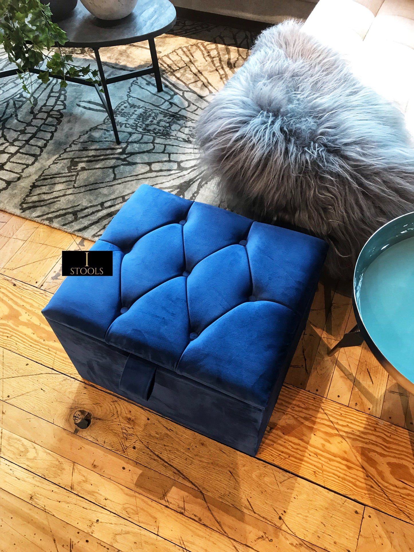 Navy Blue Small coffee table Storage Box | Navy Blue Footrest with Storage | Navy Blue Pouffe UK