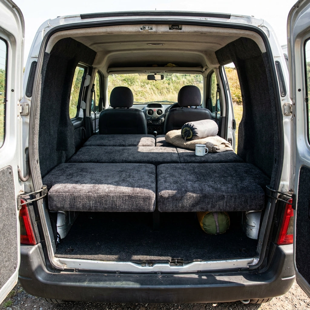 Lightweight removable campervan foam cushions for Citroen Berlingo interior layout designed for flexible travel and resting setup
