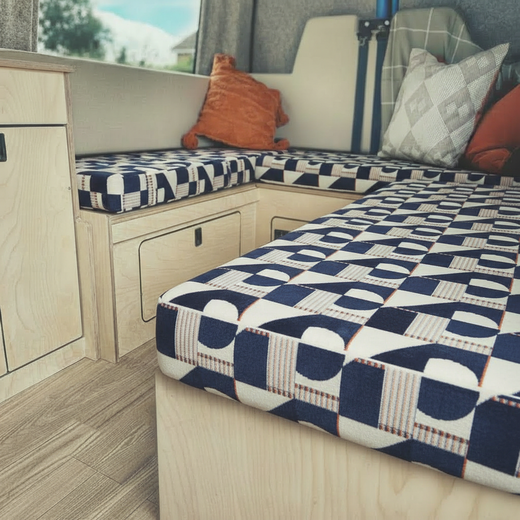 Navy blue Bauhaus geometric Campervan cushions interior-Modern Abstract Upholstery on dining bench seats-Nautical style van seating with blue and cream pattern-High density foam cushions with architectural print-Contemporary coastal camper conversion design