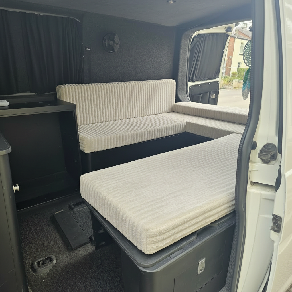 Side profile of high density foam campervan seat cushion for comfortable sleeping