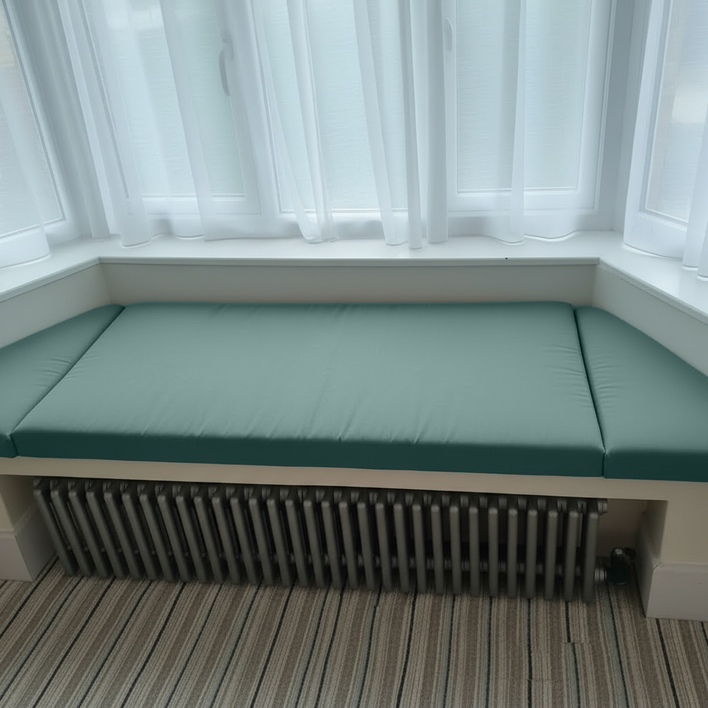 Soft blue Duck Egg upholstery fabric on custom indoor bench