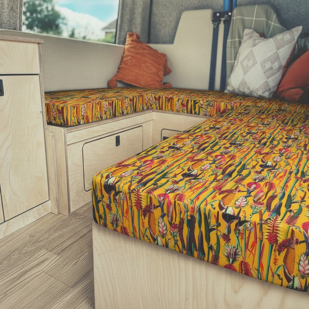 Vibrant tropical botanical Campervan cushions in yellow-Exotic yellow motorhome upholstery on dinette bench-Bright floral caravan seating with vertical pattern-High density foam cushions with tropical print-Summer style camper interior conversion