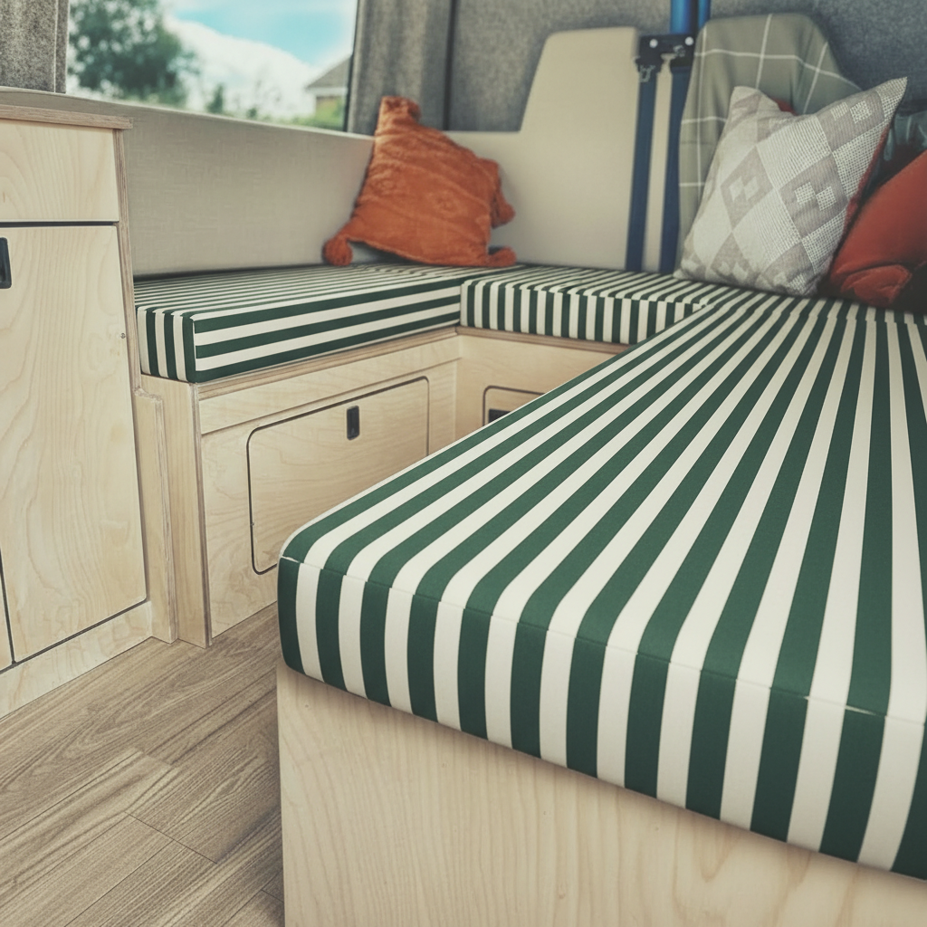 Classic bottle green cabana stripe Campervan cushions interior-Traditional Beach Hut Style Upholstery on dining benches-Vintage deckchair stripe motorhome seating in green and cream-High density foam cushions with wide block stripe-Nautical seaside camper conversion design ideas