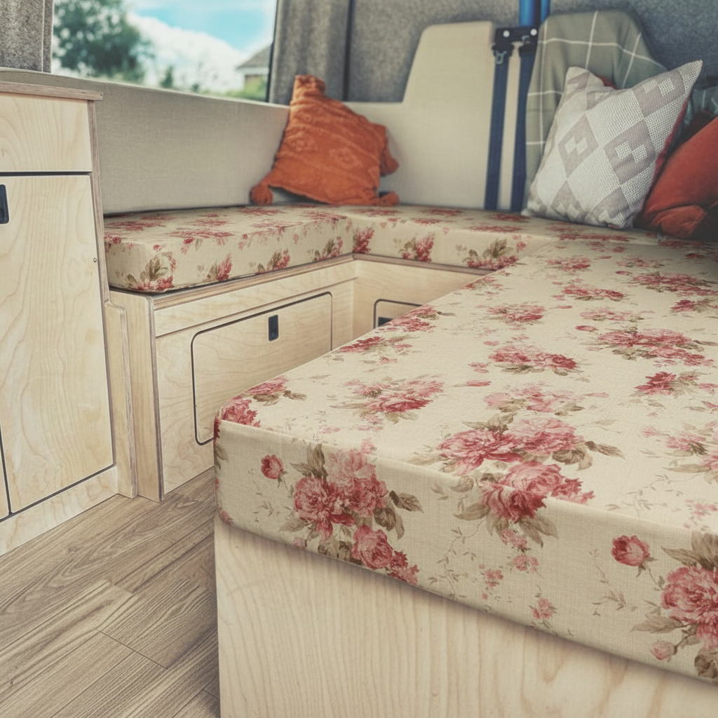 Vintage cream rose Campervan cushions in tea room style interior