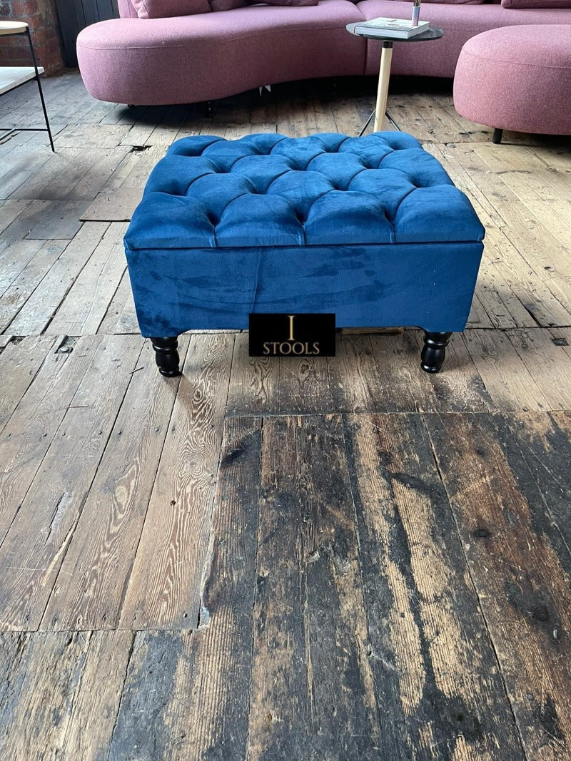 Blue Square Coffee Table Ottoman Storage | Large Blue Velvet Footstool