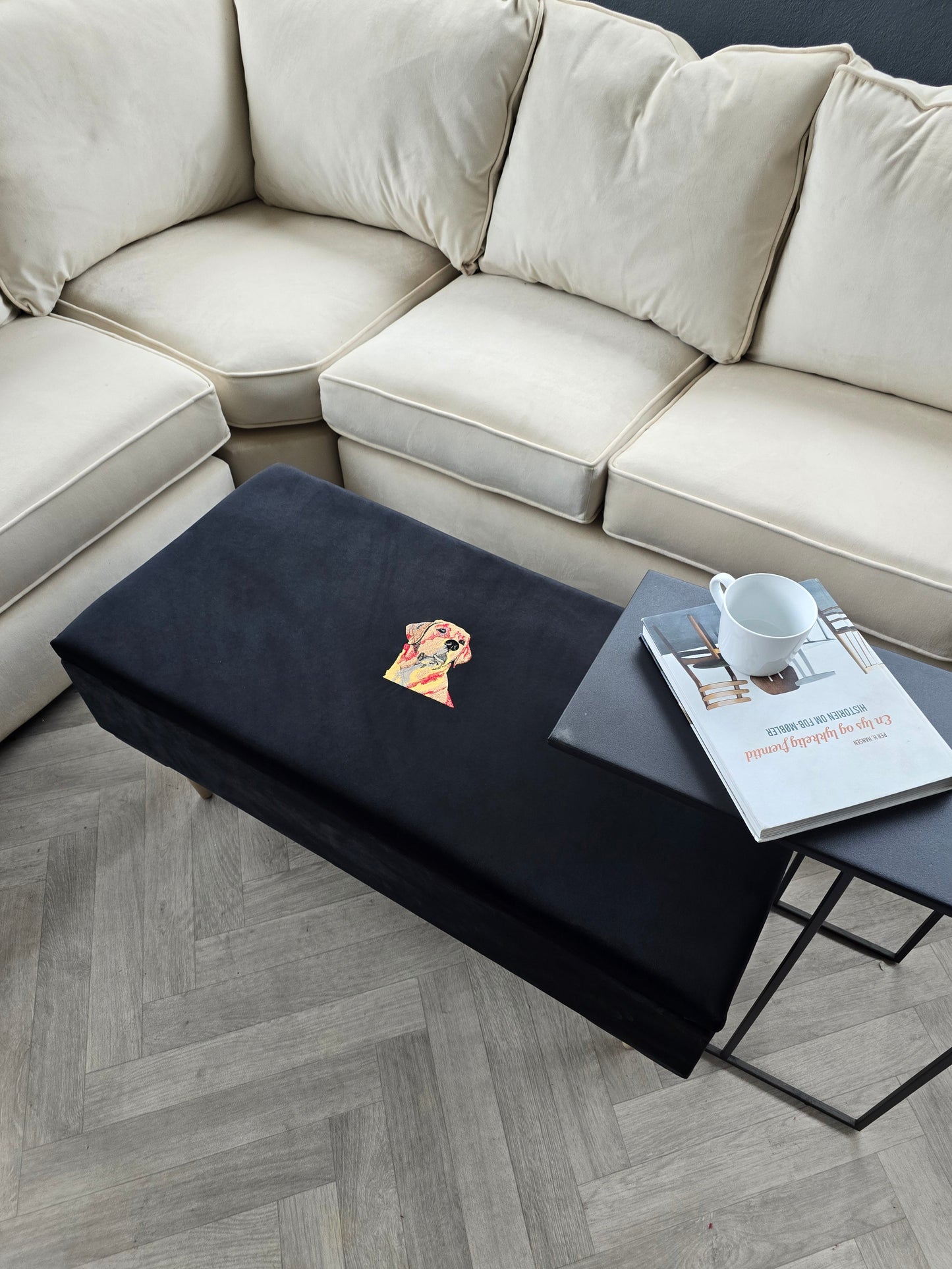 Labrador embroidered black velvet soft luxurious storage coffee table