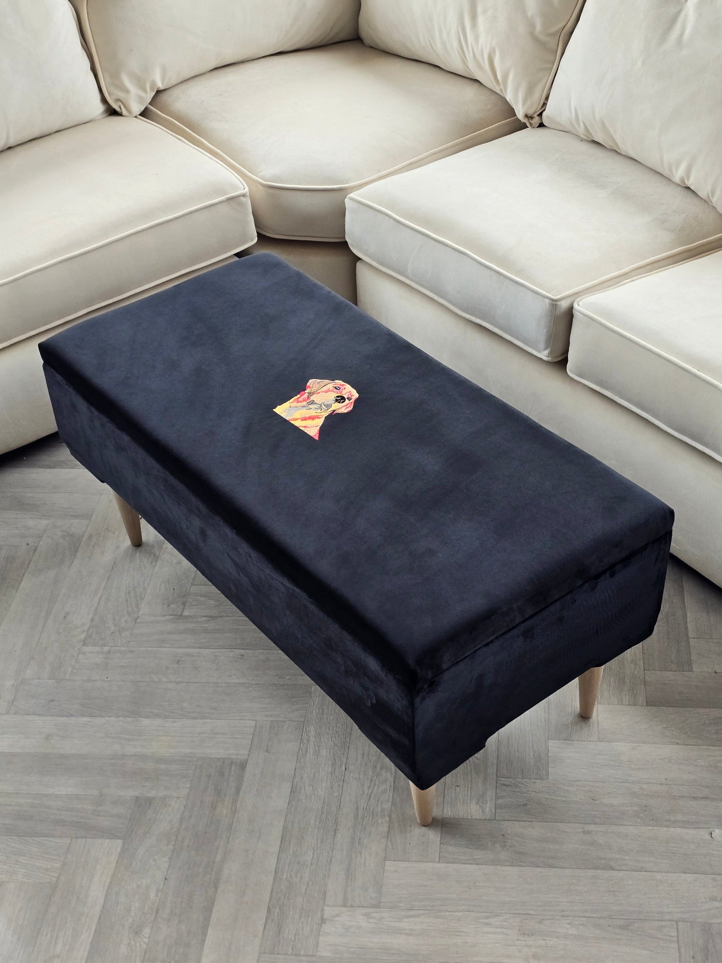 Labrador embroidered black velvet soft luxurious storage coffee table