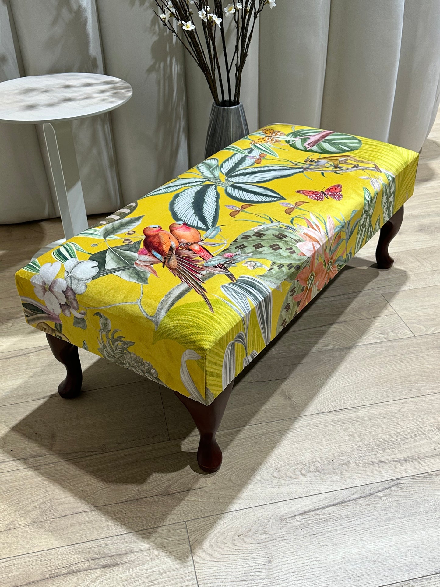 Footstool yellow first bird floral pouffe footrest