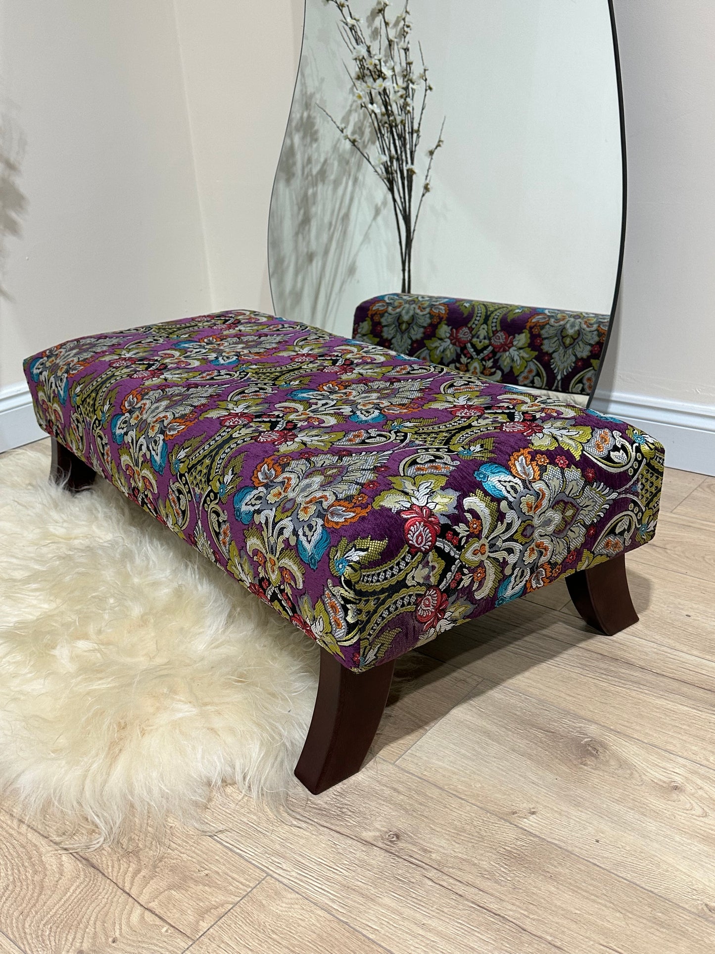 Footstool purple aubergine green floral stitched pouffe footrest