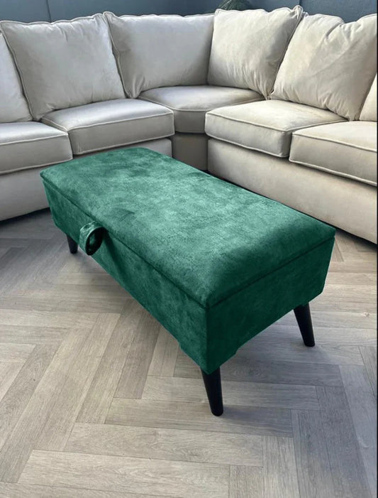 Green Plain Ottoman Storage Bench | Velvet Green Footstool UK | Dark Green Ottoman Bench