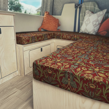 Heritage Red Bird & Fruit Campervan Cushions | Strawberry Thief Style Upholstery