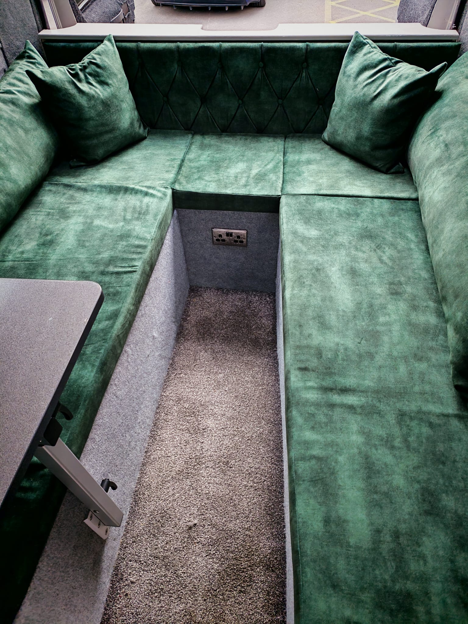 8-piece campervan cushion set fitted edge to edge inside a U-shape lounge conversion