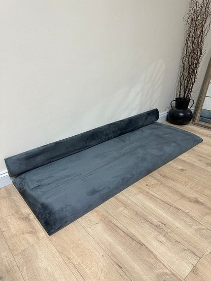 measure window bay seat with back.  Grey velvet