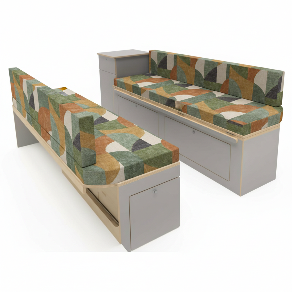 Abstract terracotta and sage green Campervan cushions interior-Scandi Retro Style Upholstery on dining bench seats-Earth tone geometric motorhome seating with orange and green-High density foam cushions for modern organic van conversion-Contemporary geometric fabric design for leisure vehicles
