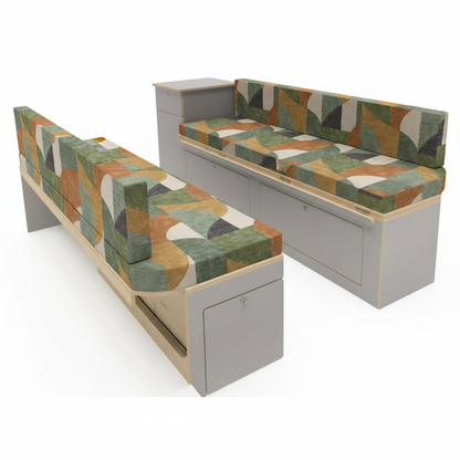 Abstract terracotta and sage green Campervan cushions interior-Scandi Retro Style Upholstery on dining bench seats-Earth tone geometric motorhome seating with orange and green-High density foam cushions for modern organic van conversion-Contemporary geometric fabric design for leisure vehicles
