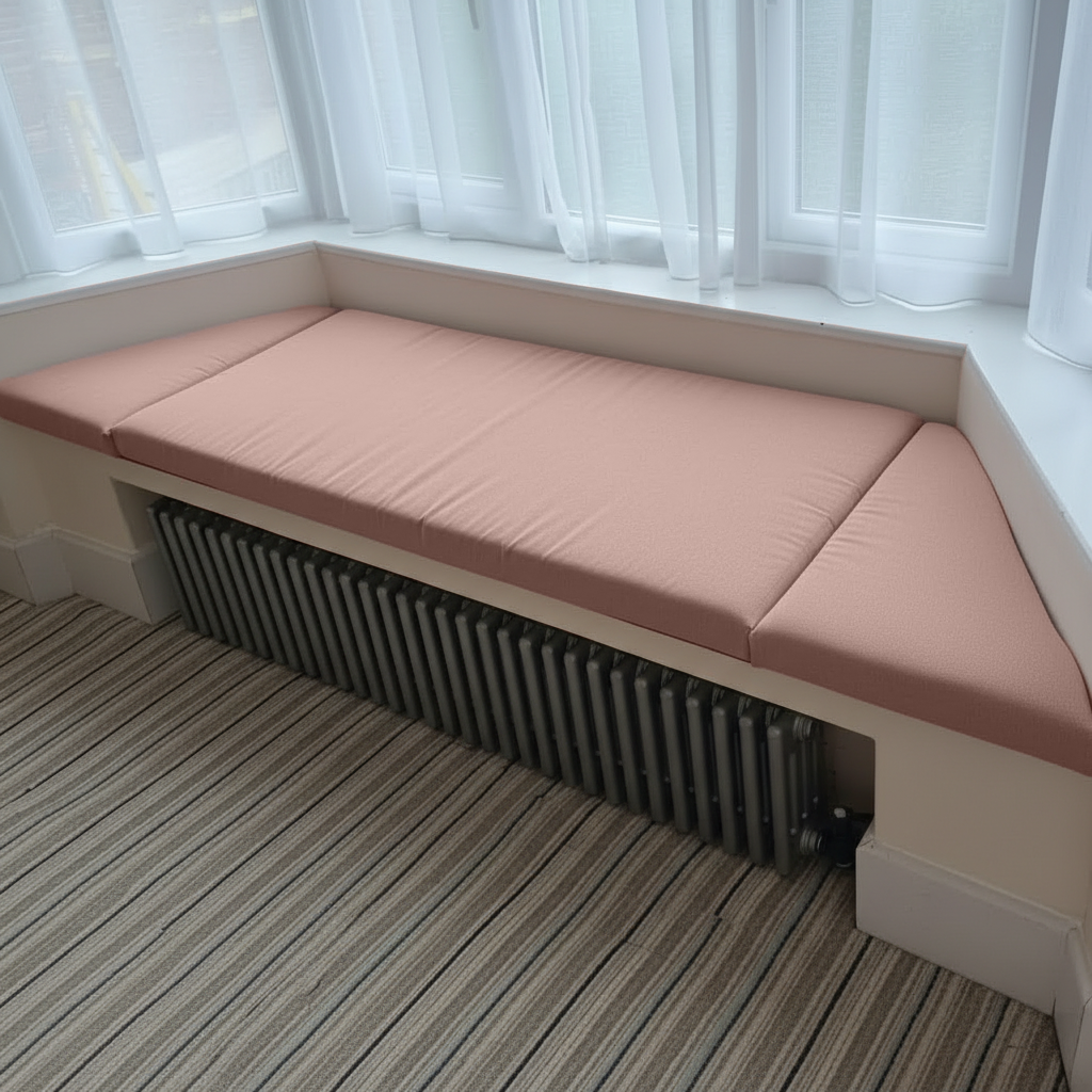 Angled bay window with 3-piece pink cushions and elegant interior décor