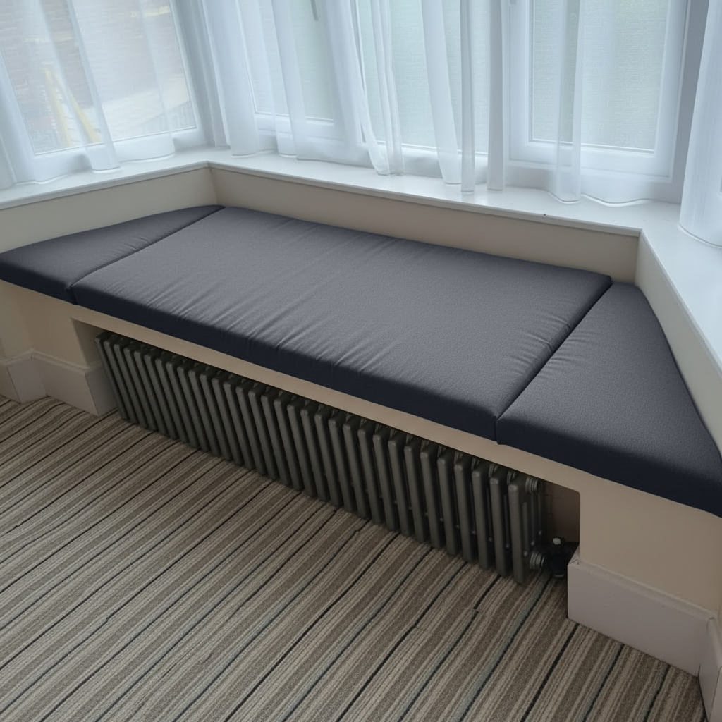 Angled bay window with Dark Grey bespoke 3-piece cushions