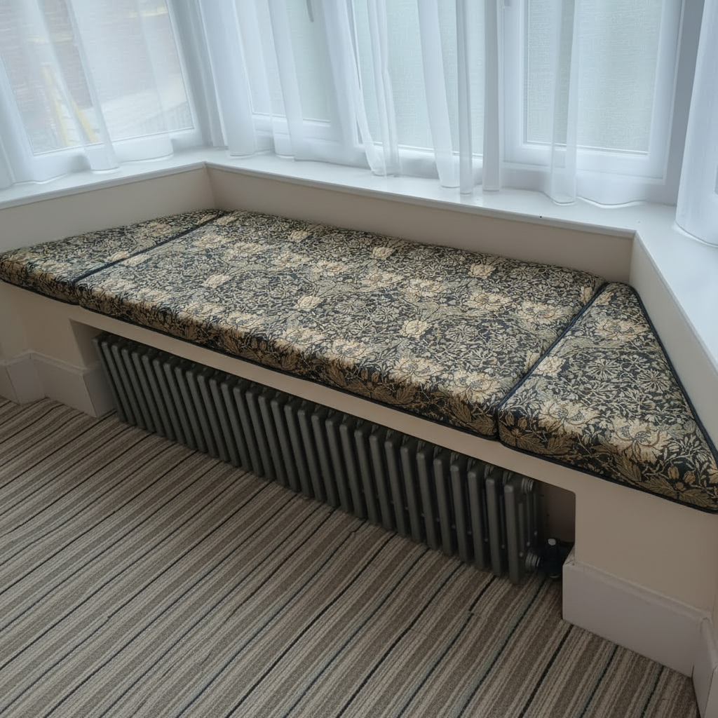 Artisan 3-piece angled bay window cushion set transforming an indoor bench