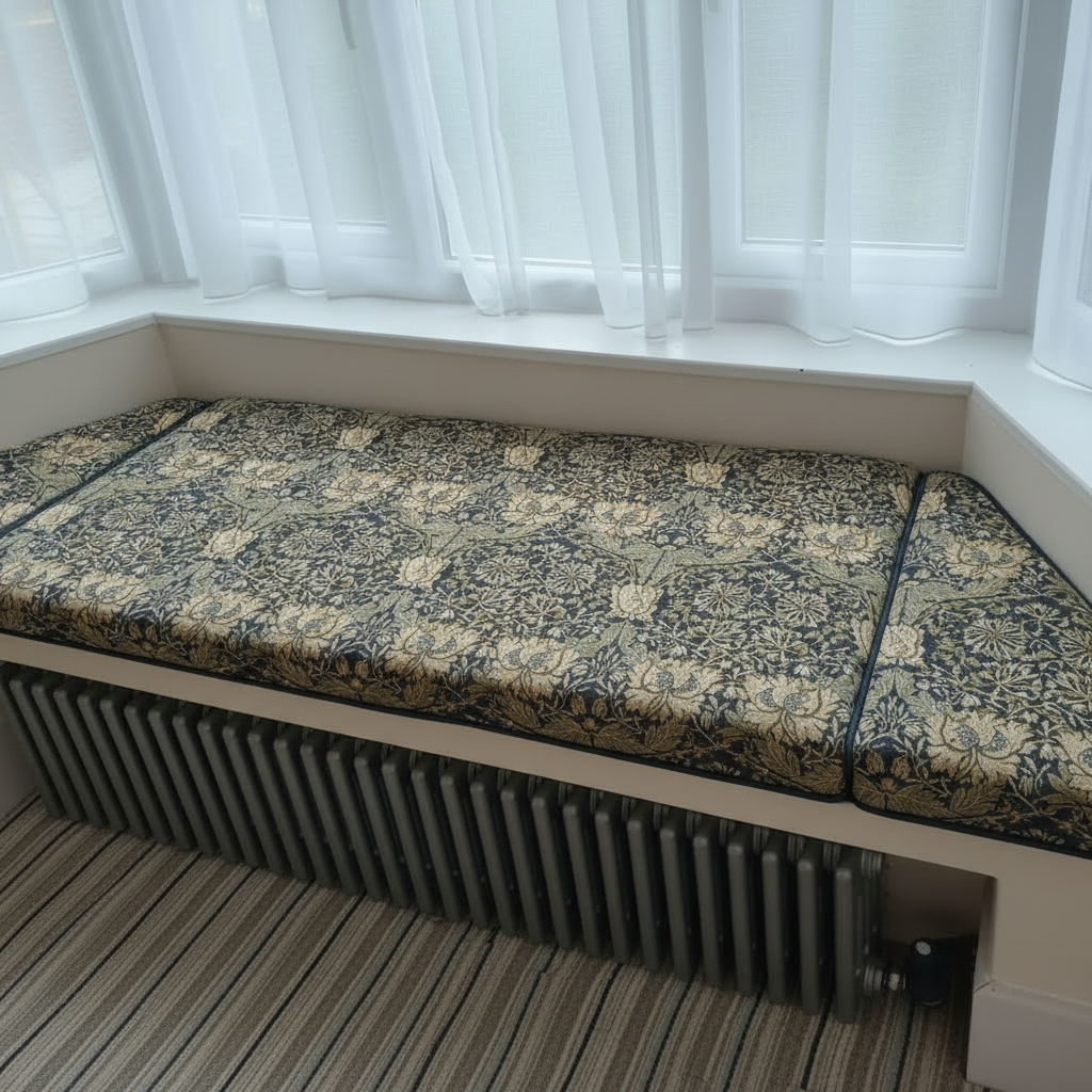 Artisan 3-piece angled bay window cushion set transforming an indoor bench