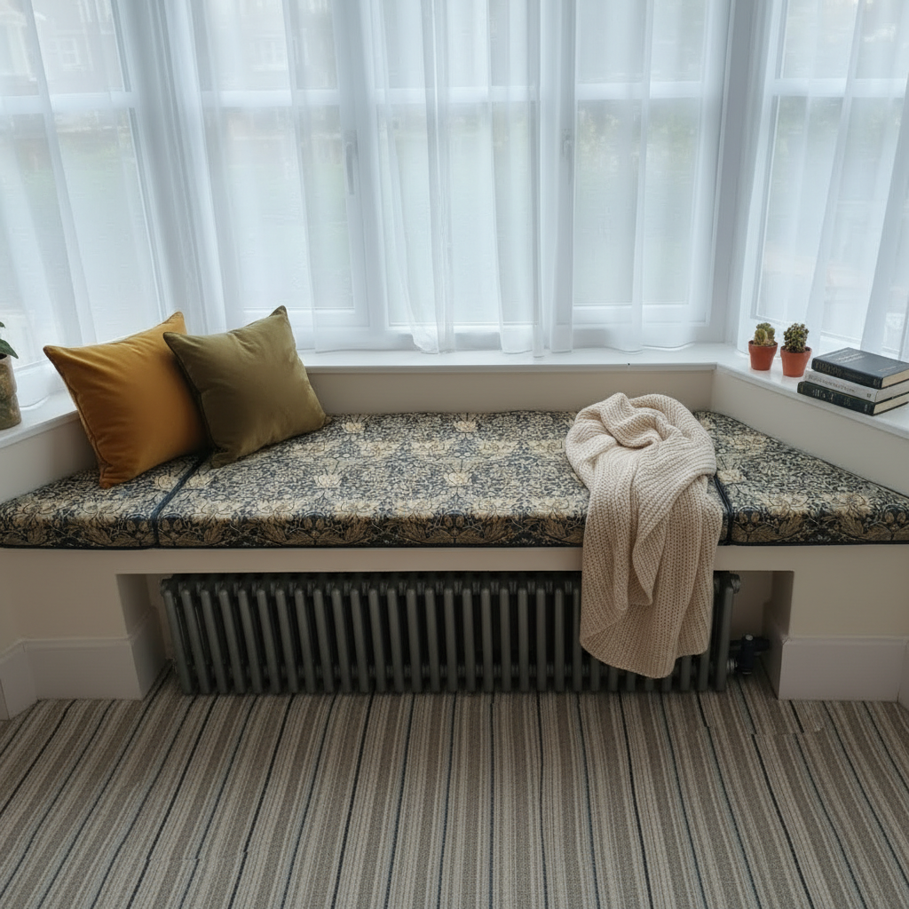 Artisan 3-piece angled bay window cushion set transforming an indoor bench