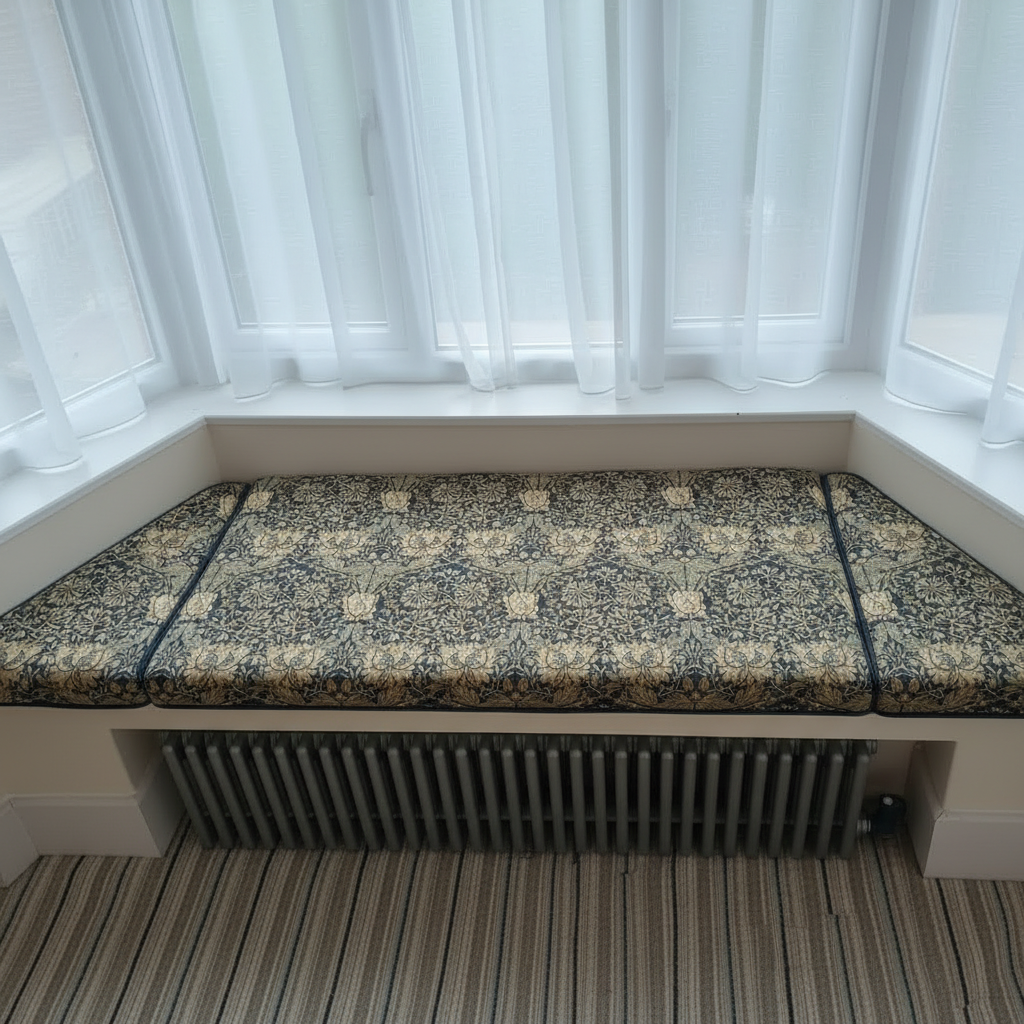 Artisan 3-piece angled bay window cushion set transforming an indoor bench