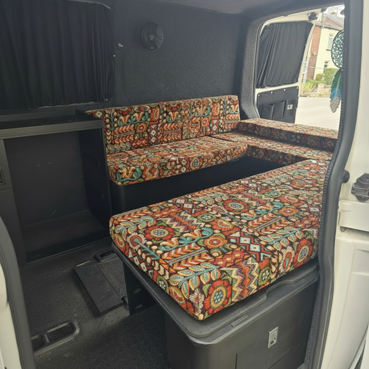 Aztec spirit patterned campervan cushion seating in van conversion-Custom tribal motorhome cushions with high-density foam- Bespoke campervan bed cushion with retro ethnic print-Handcrafted motorhome upholstery and replacement seating UK-Premium caravan cushion seating with vibrant geometric design
