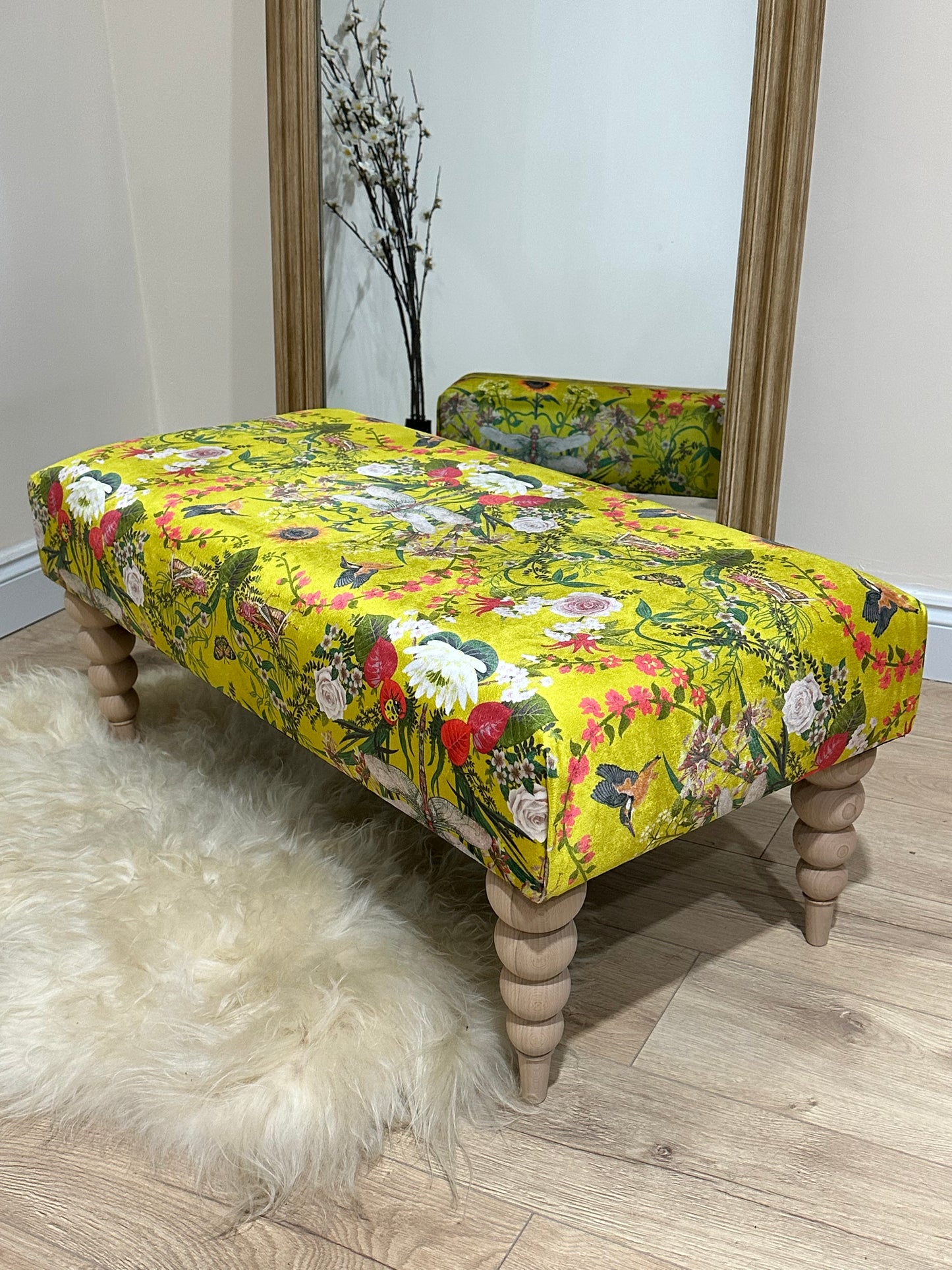 Footstool floral printed yellow green colourful pouffe footrest