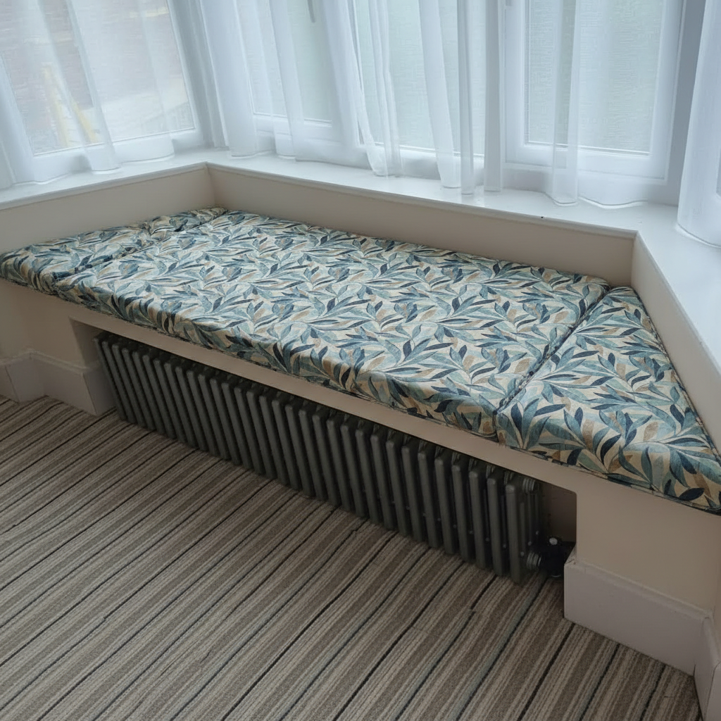 Bespoke 3-piece angled bay window cushion set featuring contrast piped edges